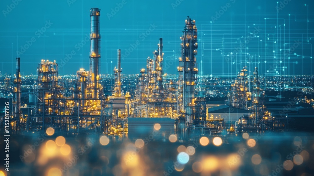 Fototapeta premium Illuminated industrial refinery at night with digital network overlay.