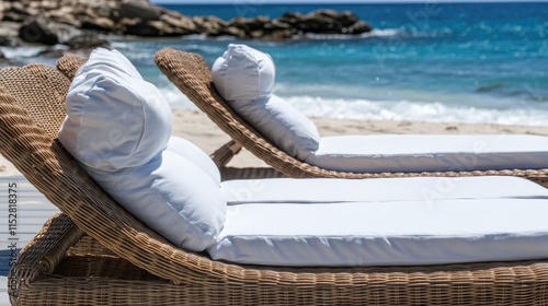 Relaxing Beach Loungers with Cushions by the Ocean Shoreline photo