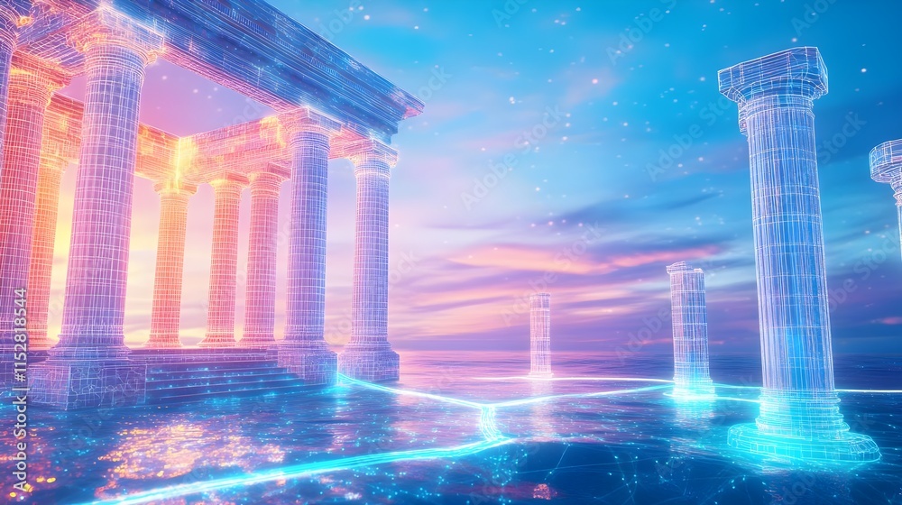 Obraz premium futuristic wireframe temple, sunset sea - digital art/3d renders