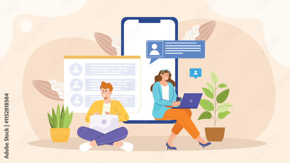 Obraz premium An illustration depicting digital messaging and social interaction, with people exchanging messages through chat bubbles, emojis, and social media icons