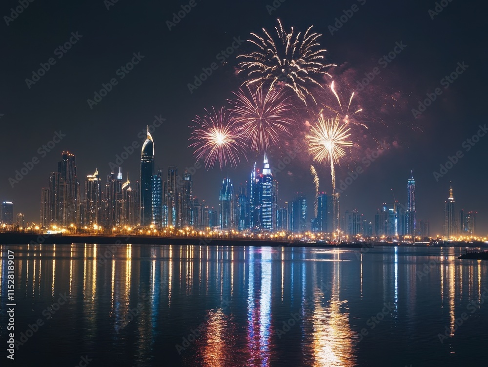 Fireworks Display Over Illuminated City Skyline at Night Fireworks Display Over Illuminated City Skyline at Night