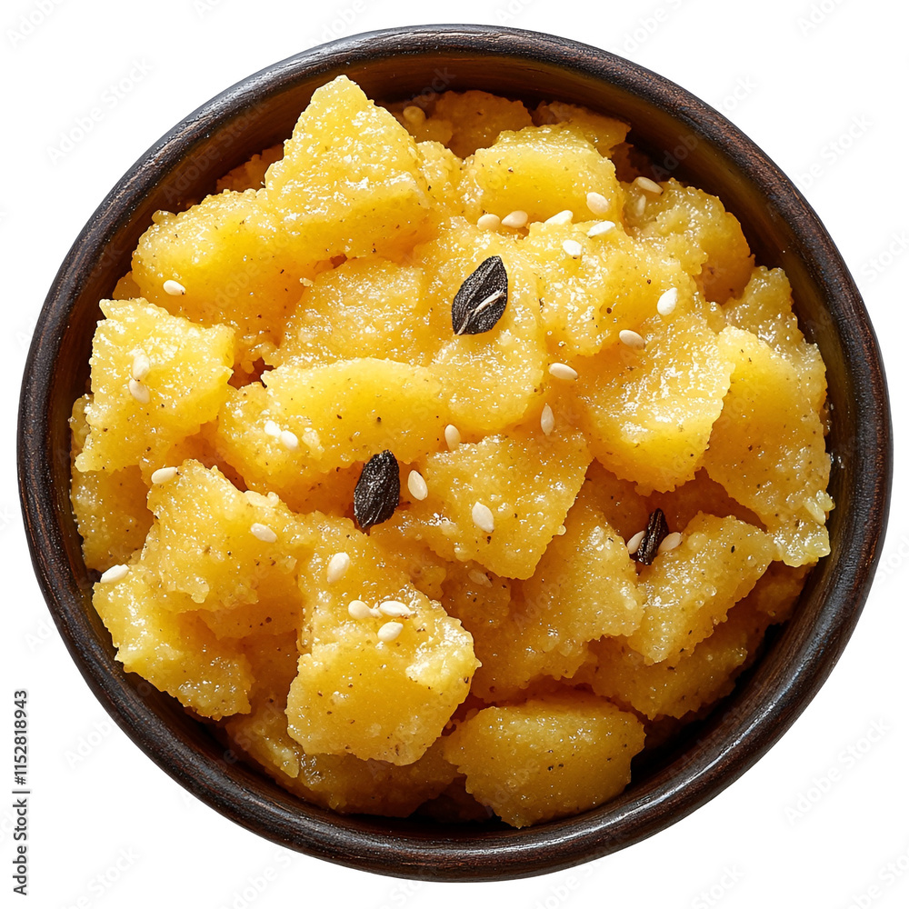 Top view of an extremely perfect looking Sooji Halwa in a dark bowl isolated on a white transparent background Top view of an extremely perfect looking Sooji Halwa in a dark bowl isolated on a white transparent background