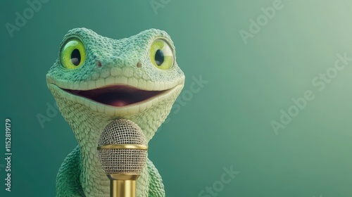 Cheerful cartoon gecko character holding a microphone, ready to perform with a bright smile against a soft green background