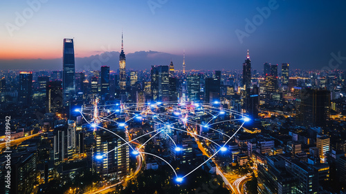 Wallpaper Mural Smart digital city with connection cyber security network reciprocity over the cityscape . future smart wireless digital city and social media networking systems that connects people within the city Torontodigital.ca