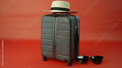 Travel essentials stylish suitcase with hat and sunglasses on red background photo