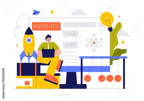 Physics Learning Vector Illustration featuring Students Exploring Electricity, Magnetism, Light Waves and Forces of Science and Technology Exploration