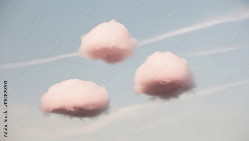 Fototapeta premium Three Pink Clouds Float Gently Across A Pale Blue Sky