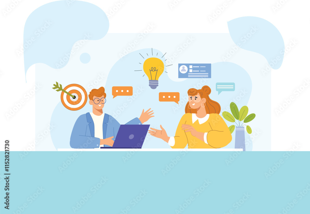 
A creative and dynamic illustration depicting problem-solving and brainstorming in a vibrant and abstract style, showcasing a group of individuals collaborating and generating ideas.