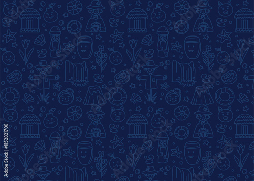 Jeju Island landmarks doodle background pattern.