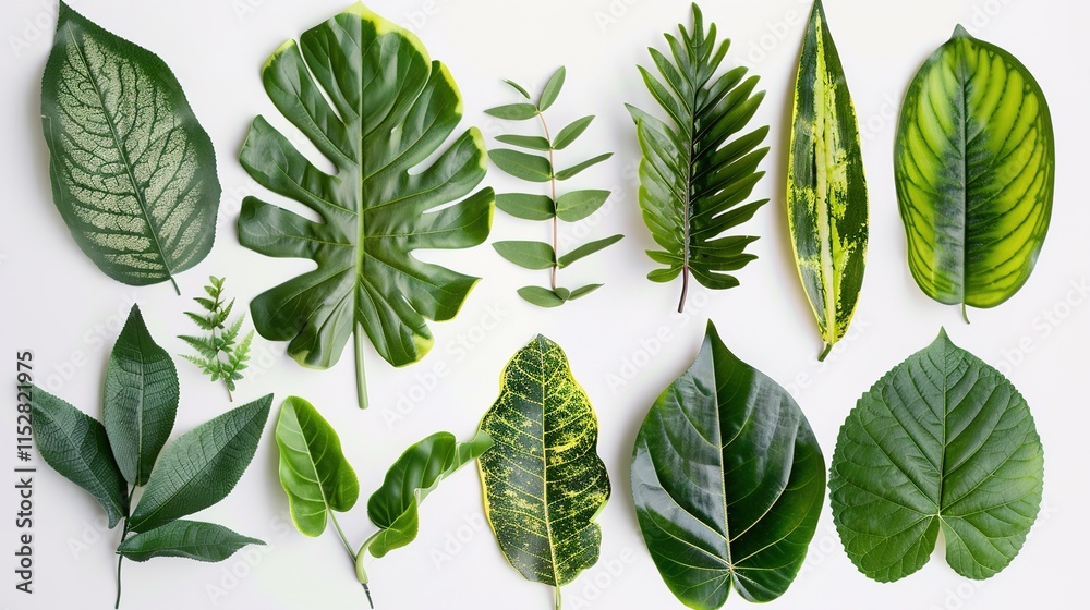 Tropical plant leaves lying gracefully on a clean white background. Showcasing the unique shapes and vibrant green hues of these tropical plant leaves, presenting their natural beauty vividly, which c Tropical plant leaves lying gracefully on a clean white background. Showcasing the unique shapes and vibrant green hues of these tropical plant leaves, presenting their natural beauty vividly, which c