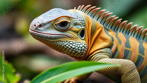 Close up of an iguana lizard displaying vibrant green scales and intricate patterns on its skin, tropical, scaly