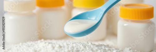 Close up of baby milk formula powder and blue spoon on light background with baby bottles, milk powder, bottles photo