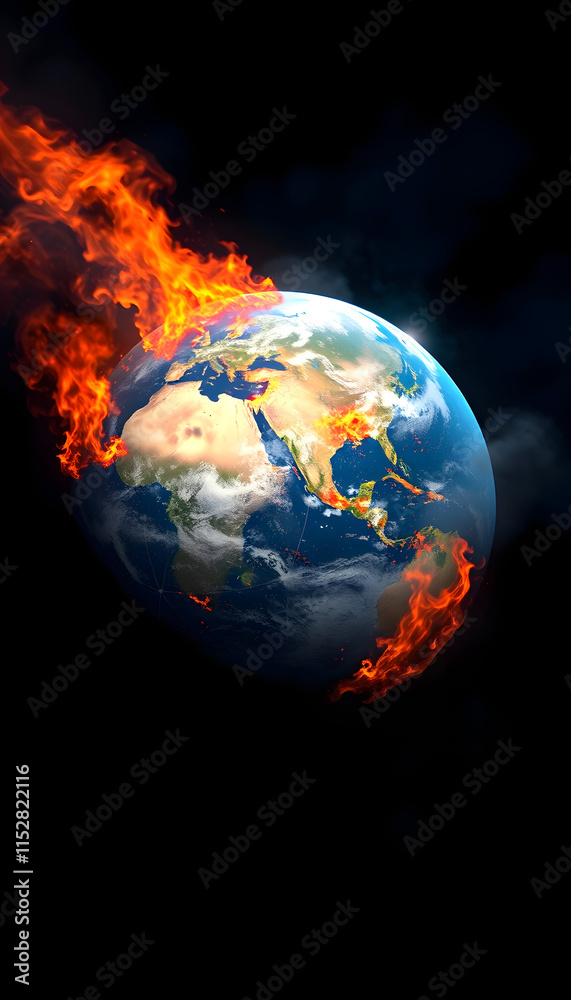 Fototapeta premium Planet earth with fires and smoke on the surface. Damaging the environment and whole planet. Global warming, simple style, with white tones