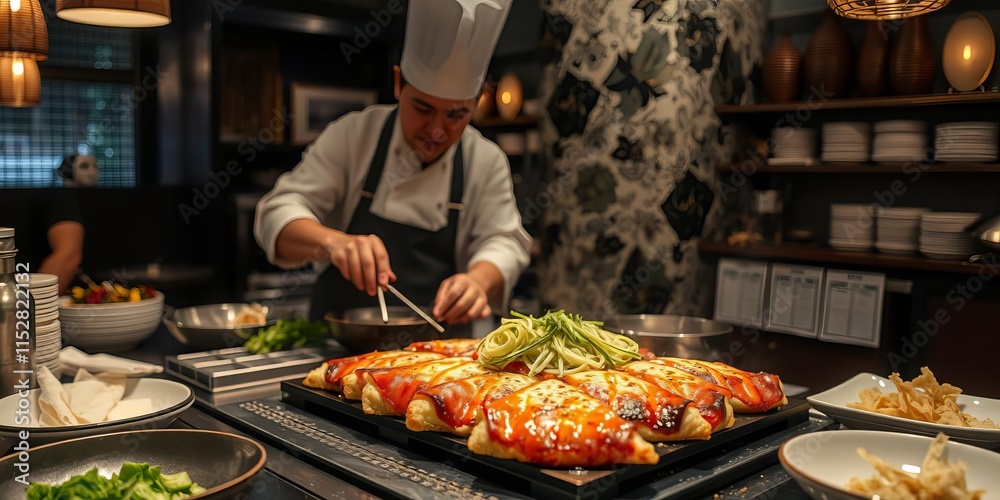Close up of chef expertly preparing delicious okonomiyaki on a sizzling teppanyaki grill in a traditional Japanese restaurant in Kyoto, sizzling, expert Close up of chef expertly preparing delicious okonomiyaki on a sizzling teppanyaki grill in a traditional Japanese restaurant in Kyoto, sizzling, expert