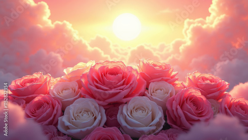 Celestial Rose Bouquet with Pink and White Blooms Against a Heavenly Sunrise, Highlighting Delicate Petals and Vibrant Colors in an Ethereal Floral Arrangement