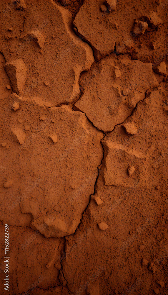 Fototapeta premium Brown soil wall background. Highly weathered rock surface texture, cinematic, with white tones