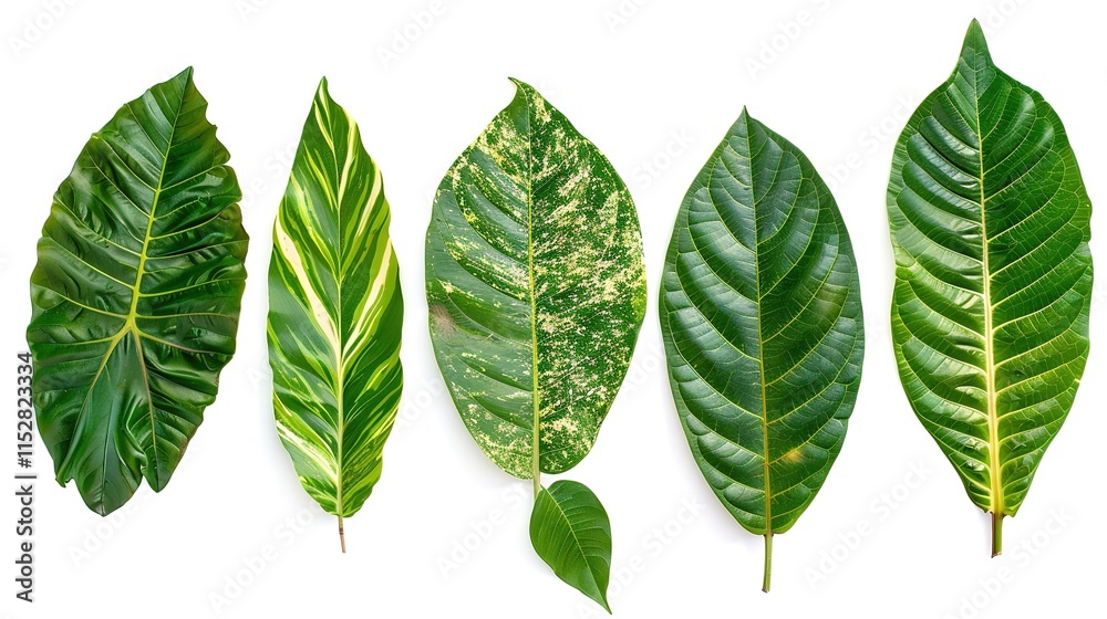 Tropical plant leaves gracefully positioned on a clean white background, Displaying their unique shapes and vibrant green hues, Ideal for adding a touch of exotic charm to various designs or projects. Tropical plant leaves gracefully positioned on a clean white background, Displaying their unique shapes and vibrant green hues, Ideal for adding a touch of exotic charm to various designs or projects.