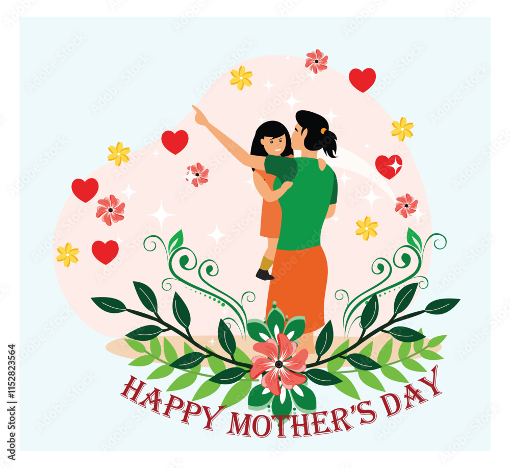 Happy Mother's Day Featuring Mother and Child with Floral Elements. Happy Mother's Day Featuring Mother and Child with Floral Elements.