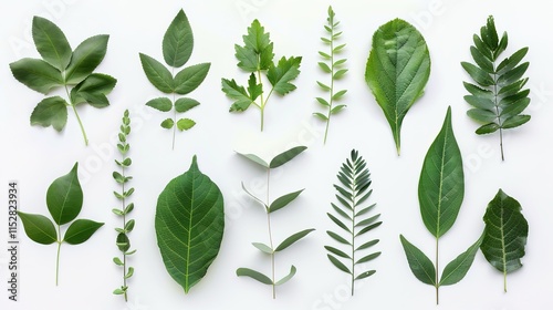 Tropical plant leaves gracefully positioned on a clean white background, Displaying their unique shapes and vibrant green hues, Ideal for adding a touch of exotic charm to various designs or projects.
