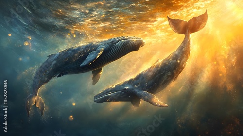 Two gray whales playfully circling near the ocean surface, showcasing marine life and the beauty of the sea. photo