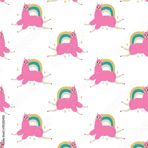 Endless seamless pattern with cute funny pink llamas with rainbow. Animal from South America. Vector illustration with transparent background.