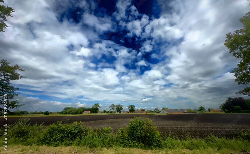 A stunningly picturesque view of a charming rural field beneath a captivating sky showcasing dynamic cloud patterns A stunningly picturesque view of a charming rural field beneath a captivating sky showcasing dynamic cloud patterns