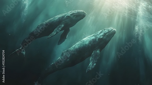 Two gray whales swimming gracefully in synchronized motion, capturing the beauty and harmony of marine life. photo