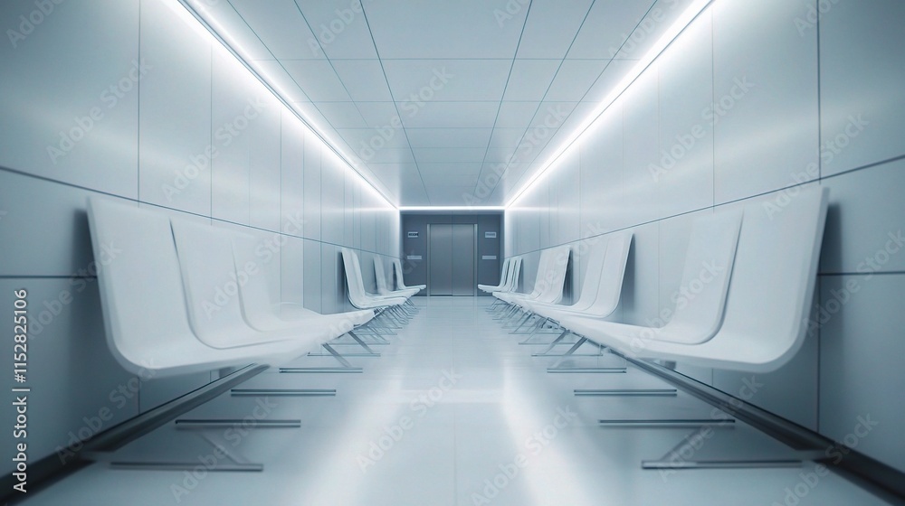 Obraz premium Modern Empty Hospital Corridor with Sleek White Chairs Interior