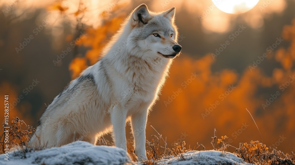 Obraz premium A majestic wolf stands on a rocky outcrop against a vibrant autumn backdrop.