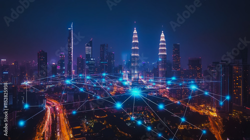 Wallpaper Mural Smart digital city with connection cyber security network reciprocity over the cityscape . future smart wireless digital city and social media networking systems that connects people within the city Torontodigital.ca