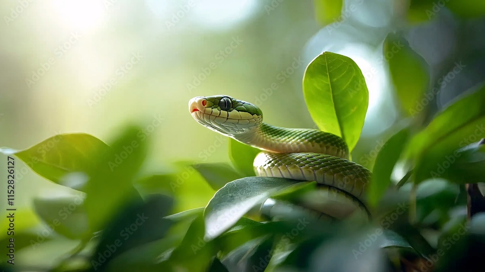 Coiled Wild Snake on Green Background Nature Photography Close-Up View of Wild Animals in Lush Environment Coiled Wild Snake on Green Background Nature Photography Close-Up View of Wild Animals in Lush Environment