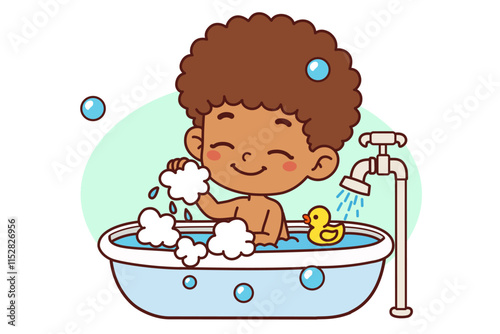 The child is bathing in the bathtub. Vector illustration in cartoon style.