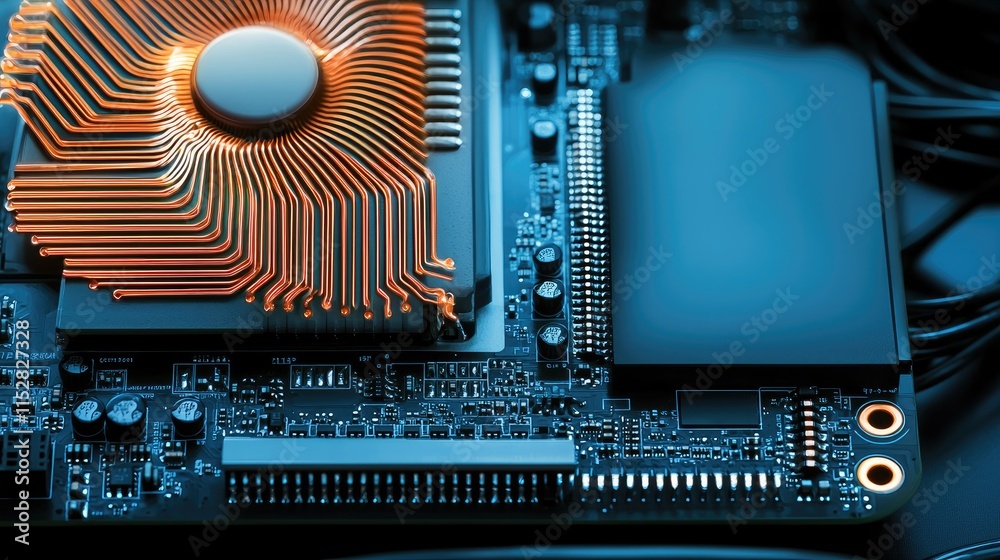 Fototapeta premium A close-up view of a circuit board featuring copper heat sinks and various electronic components, showcasing modern technology.