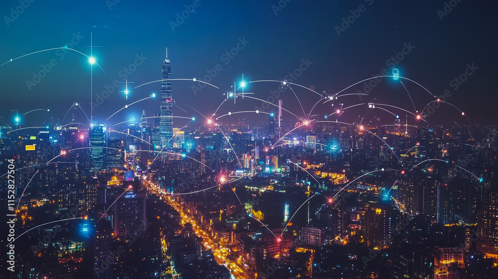 Smart digital city with connection cyber security network reciprocity over the cityscape . future smart wireless digital city and social media networking systems that connects people within the city Smart digital city with connection cyber security network reciprocity over the cityscape . future smart wireless digital city and social media networking systems that connects people within the city
