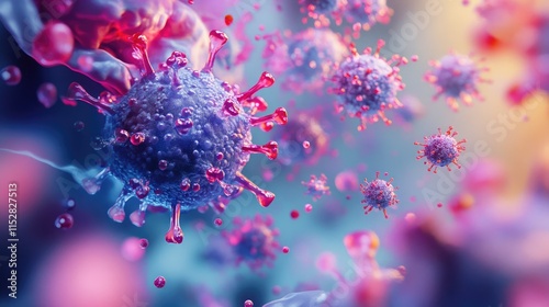 A close-up, digitally rendered image showing various virus-like particles floating in a vibrant, abstract environment.