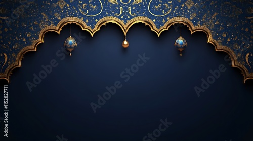 Elegant navy blue and gold Islamic arch background.