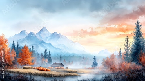 Scenic autumn sunrise in a serene mountain valley nature's peaceful embrace