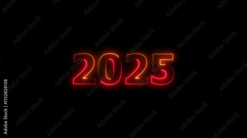 Abstract 2025 neon light happy new year red color animation on black background. Abstract 2025 neon light happy new year red color animation on black background.