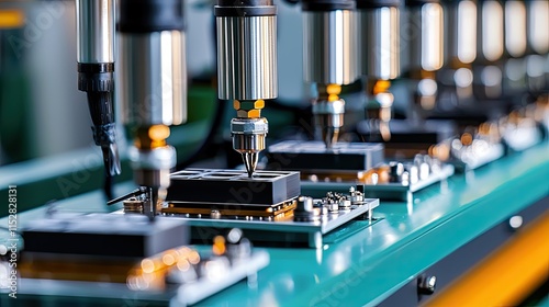 A close-up view of automated machinery assembling electronic components on a production line, showcasing precision technology and industrial efficiency.