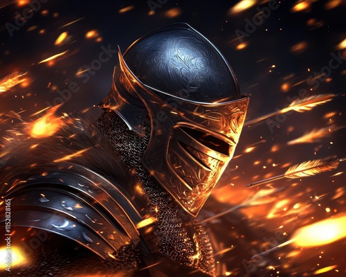 A fierce knight in shining armor amidst a backdrop of flying sparks and flames, embodying strength and valor.