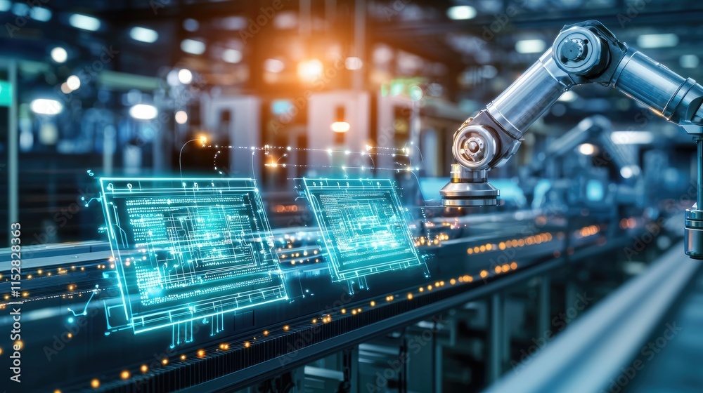 Industry trends future laptop concept. A futuristic automated factory featuring a robotic arm manipulating holographic data displays on an assembly line. Industry trends future laptop concept. A futuristic automated factory featuring a robotic arm manipulating holographic data displays on an assembly line.