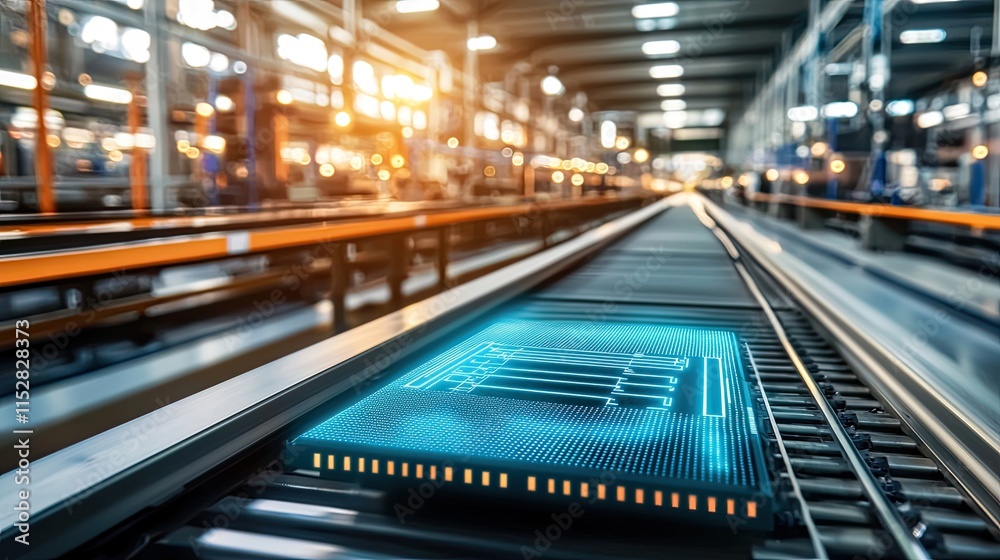 Industry trends future laptop concept. A futuristic factory scene showcasing a circuit board on a conveyor belt, illuminated by industrial lighting. Industry trends future laptop concept. A futuristic factory scene showcasing a circuit board on a conveyor belt, illuminated by industrial lighting.