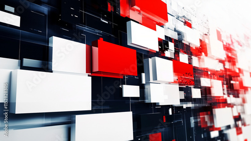 Red, white and black background graphic abstract rectangular boxes, converging lines, news footage and graphs. For news broadcast introduction or background graphic.