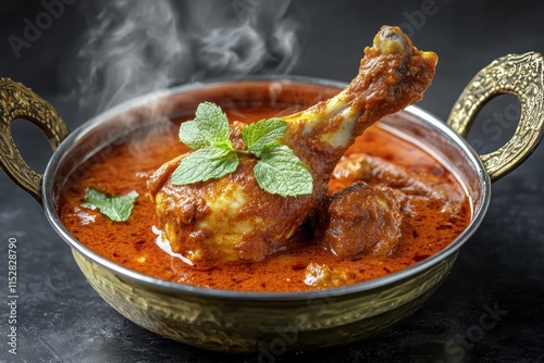 Indian spicy Chicken curry or masala chicken with prominent leg piece, popular recipe from India
