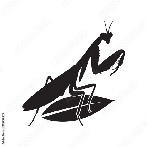 Detailed Praying Mantis Insect Silhouette Art, Editable Praying Mantis Insect Silhouette Vector