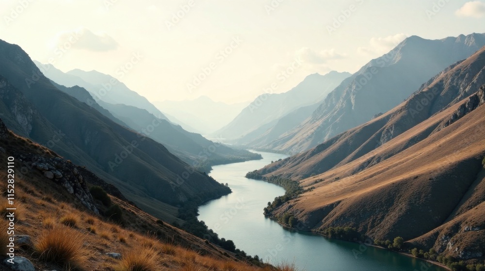 Serene River Valley Winding Through Majestic Mountain Ranges Under a Soft, Hazy Sky Serene River Valley Winding Through Majestic Mountain Ranges Under a Soft, Hazy Sky
