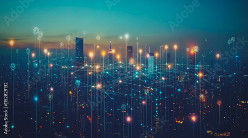 Wallpaper Mural Smart digital city with connection cyber security network reciprocity over the cityscape . future smart wireless digital city and social media networking systems that connects people within the city Torontodigital.ca