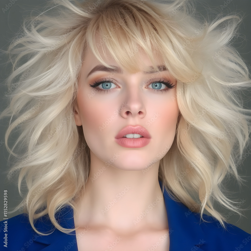 Una elegante mujer rubia de rizos brillantes, llevando un radiante conjunto azul eléctrico.