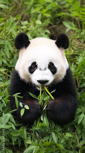 A cute panda munching on fresh bamboo in a lush green environment. Perfect for wildlife and nature enthusiasts. photo