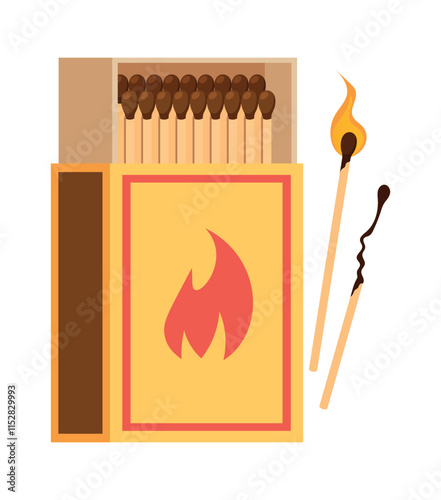 Burning matches, opened matchbox vector illustration